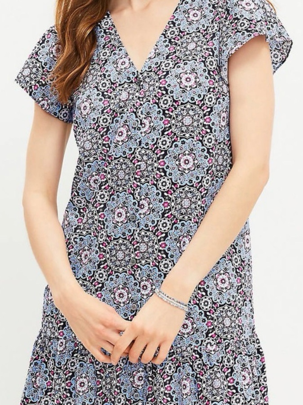 LOFT Floral Medallion V-Neck Short Sleeve Ruffle Dress Black Blue Pink Medium